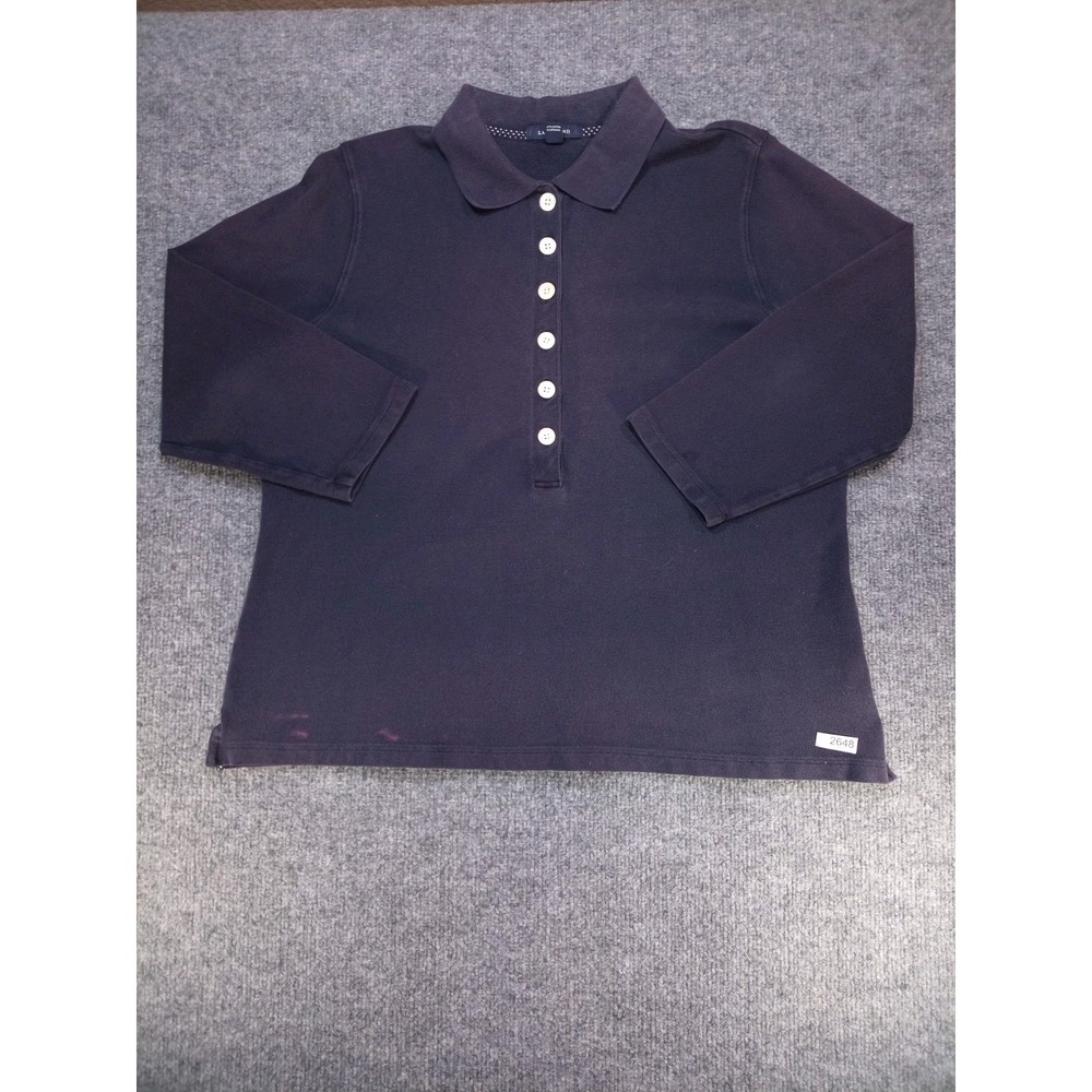 Lands' End Women's L 14-16 Long Sleeve Polo Shirt Navy Button Front (Stains)